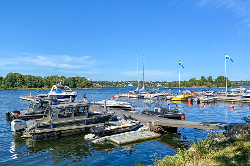 Stockholm, Sweden - August, 13, 2022: Fjäderholmarna archipelago island infront of Stockholm
