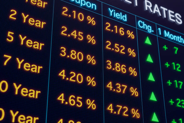 istock Bond market screen with rising yields and interest rates. 1587331548