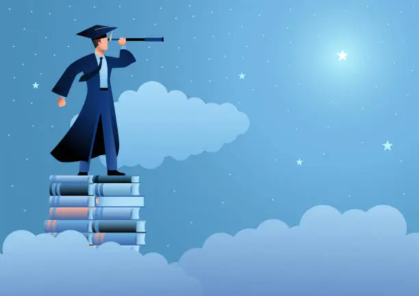 Vector illustration of Concept of a man in a graduation gown holding a telescope while standing atop a stack of books looking for stars