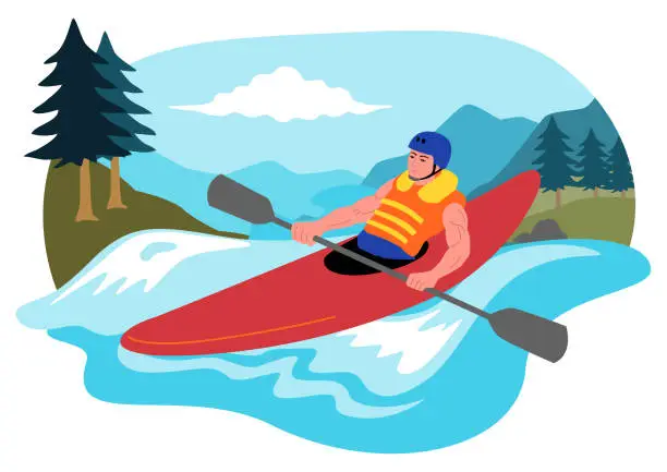 Vector illustration of Clipart of a man kayaking with river and mountain landscape