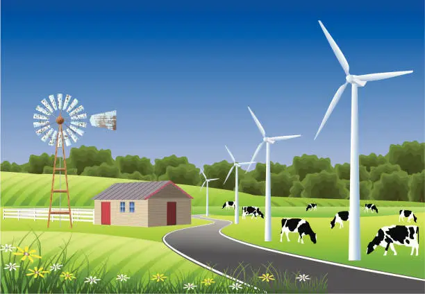 Vector illustration of Idyllic Farm Scene with Windmills