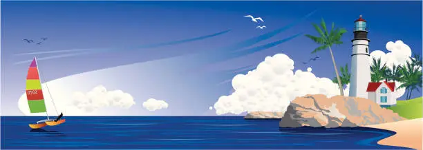 Vector illustration of lighthouse and catamaran