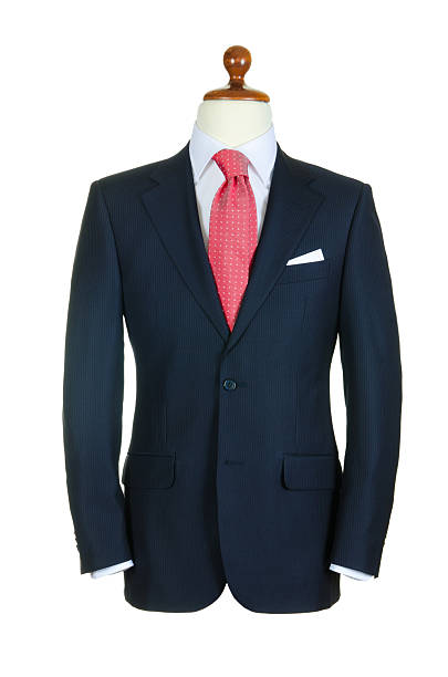 istock Male clothinh suit on stand isolated white 158734509