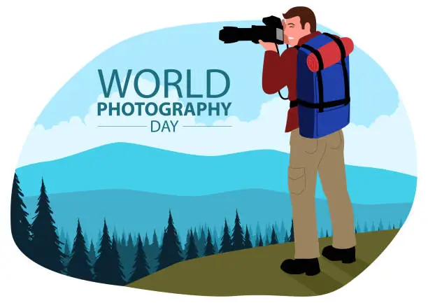 Vector illustration of Clip art of Photographer with telescopic lens takes a photograph of a beautiful mountain landscape