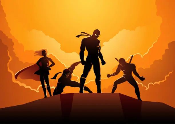 Vector illustration of Silhouette of superheroes in different poses on hilltop