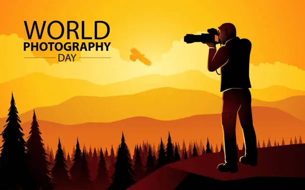 Vector illustration of Photographer silhouette with telescopic lens takes a photograph of a beautiful mountain landscape