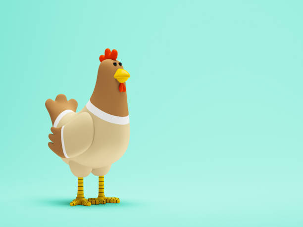 istock Cartoon chicken standing on a blue background 3D illustration 1587369033