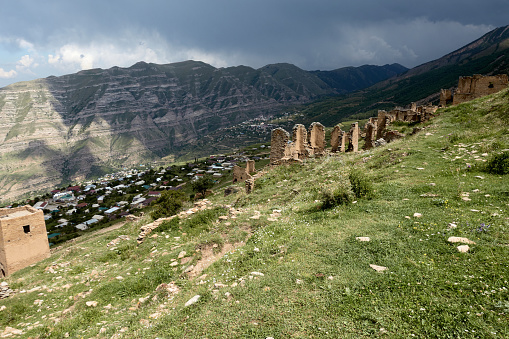 Panoramic view of the ancient Old Goor village, Dagestan, Russia. Ancient defensive towers.