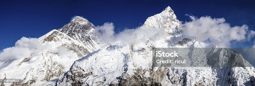 Mount Everest and Nuptse Mount Everest and Nuptse panorama view seen from Mount Kala Pattar Asia Stock Photo