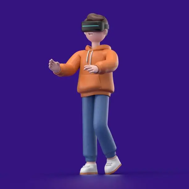 3D illustration of smiling male guy Qadir in a Virtual Reality playing with future technology. 3D rendering on purple background.