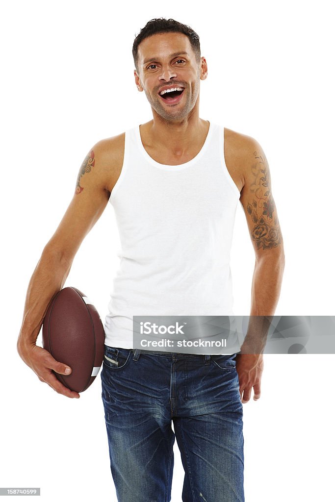 Junge attraktive männliche mit american football. - Lizenzfrei Amerikanischer Football Stock-Foto