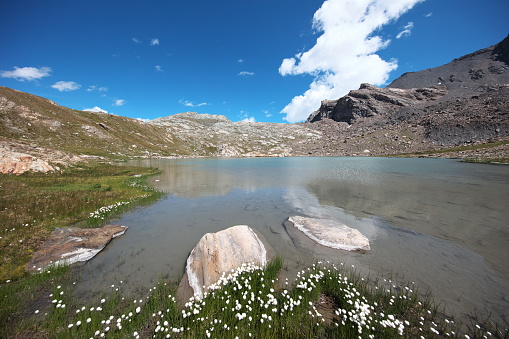 the shores of the lake in its western part are well marked by a white band of marsh flax.\n\nSuperb little mountain lake located at the foot of the Bric de Rubren 3340m, not far from the Col de Longet.\nPhoto taken looking east