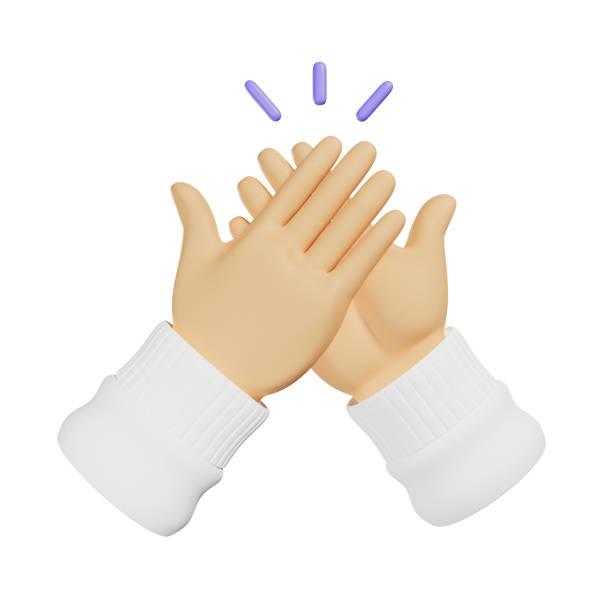 istock Cartoon 3d hands showing gesture high five with a purple sound, teamwork icon 1587425488