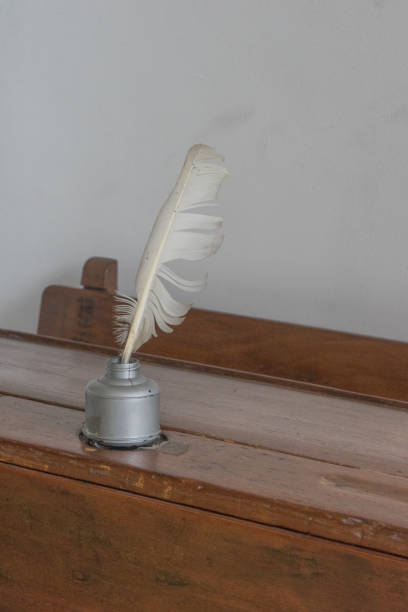 istock Ink feather pen on wood table 1587442931