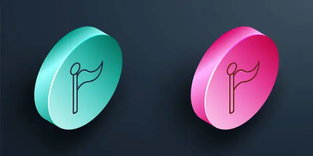 Vector illustration of Isometric line Flag icon isolated on black background. Location marker symbol. Turquoise and pink circle button. Vector