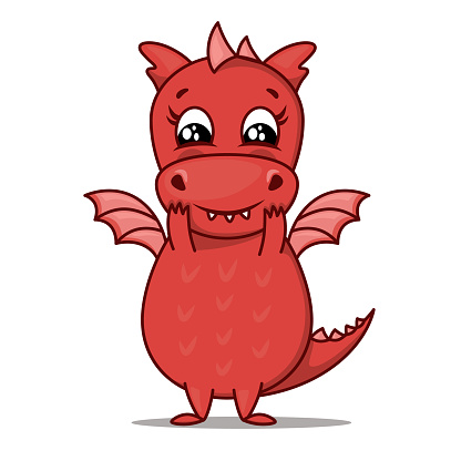 Dragon cartoon character. Cute red dragon. Sticker emoticon with liking, endearment, goodwill, adoration, sweetheart emotion. Vector illustration