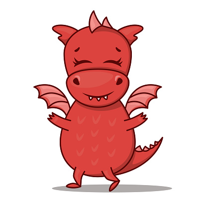 Dragon cartoon character. Cute hugging red dragon. Sticker emoticon with hug emotion. Vector illustration