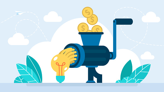 Fee per idea. Pennies fall into a meat grinder and turn into an idea. The concept of creative payment. Finance business, coins fall into a meat grinder and transformed light bulb. Flat illustration