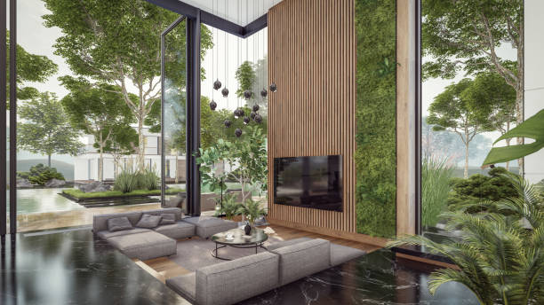 3d rendering of expensive cozy interior with green walls in night