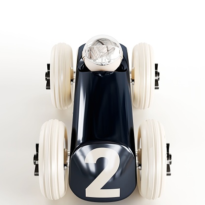A 3D render of a vintage wooden toy race car on a white background