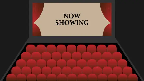Vector illustration of Cinema Theatre screen opening with Now Showing text vector illustration