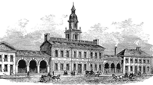 Independence Hall Independence Hall is the centerpiece of Independence National Historical Park located in Philadelphia, Pennsylvania, United States, on Chestnut Street between 5th and 6th Streets. Illustration was published in 1882 "The great events of the greatest century" scan by Denis Kozlenko us constitution stock illustrations