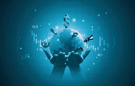 Hands holding world with international currency sign include dollar euro yen yuan pound sterling for money transfer and trade forex concept.