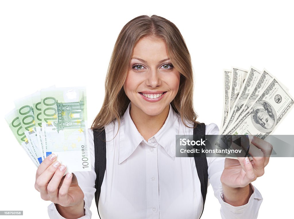 young and smiley businesswoman holding money young and smiley businesswoman holding money. isolated on white background Adult Stock Photo