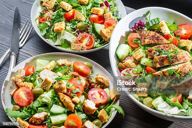 Three Healthy Salads With Vegetables And Chicken Stock Photo - Download Image Now - Chicken Salad, Appetizer, Arugula