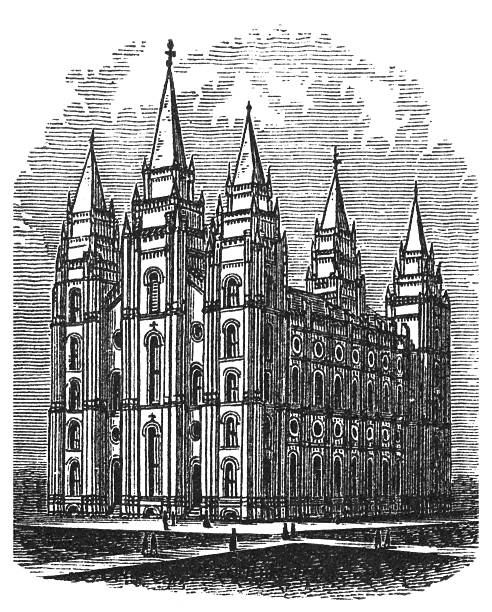Salt Lake Temple The Salt Lake Temple is the largest and best-known of more than 130 temples of The Church of Jesus Christ of Latter-day Saints. Illustration was published in 1882 "The great events of the greatest century"  scan by Denis Kozlenko mormonism stock illustrations
