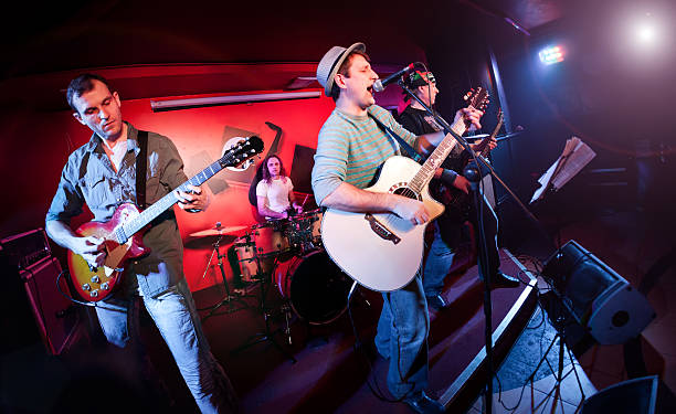Fish eye photo of a band performing on stage