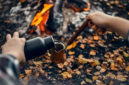 campfire coffee in the forest. High quality photo