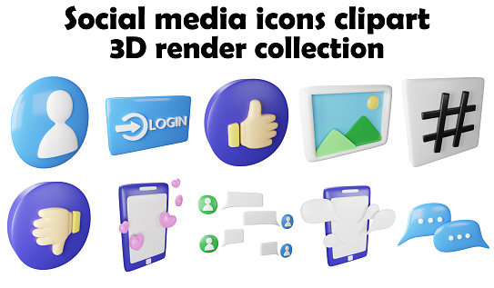 Social media clipart element ,3D render social media concept isolated on white background icon set No.1