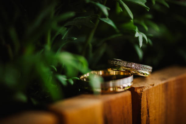 istock Wedding rings on a wooden surface 1587552487