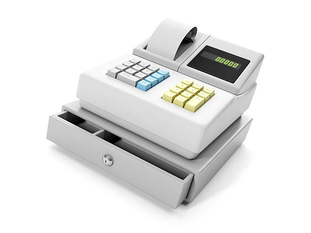 Black and white image of an old 19th century cash register. Selective focus on cashier buttons.