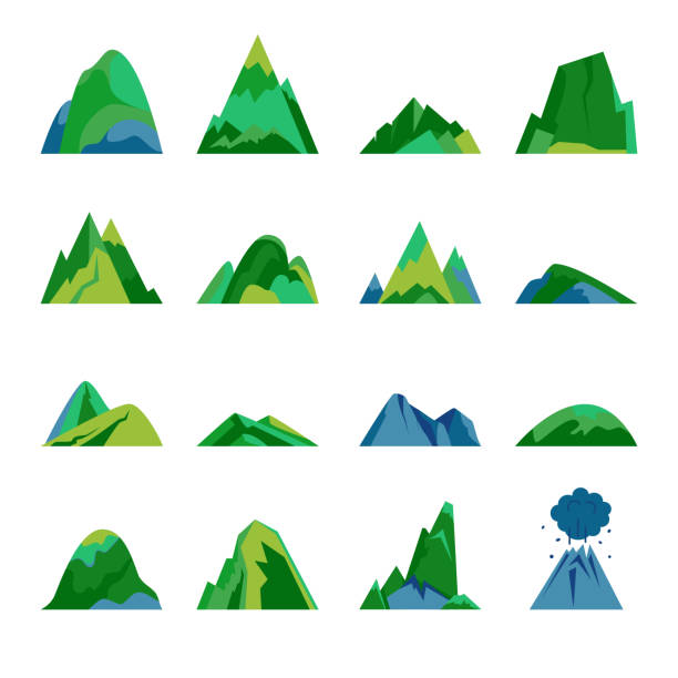 горы и холмы, плоский набор икон - pinnacle success winning concepts stock illustrations
