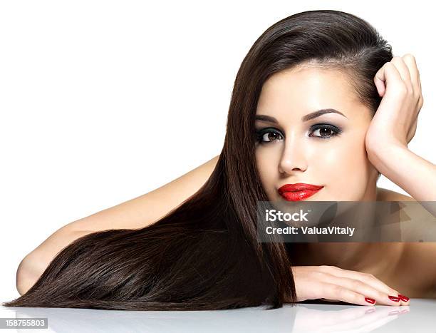 Beautiful Woman With Long Brown Straight Hairs Stock Photo - Download Image Now - Fashion Model, Black Hair, White Background