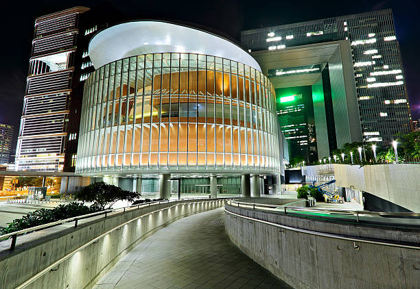 modern office building in downtown city at night