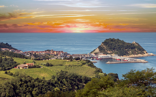Zarautz by the sea in the Basque country in Spain at sunset