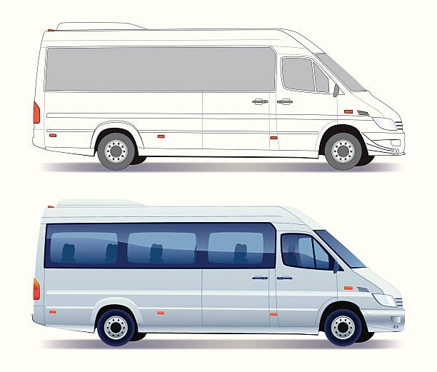 A illustration of two minibuses Commercial vehicle - silver passenger minibus - colored and layout coach bus stock illustrations