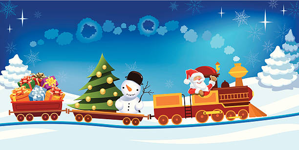 Cartoon train with Santa, presents, tree, and snowman Santa Claus in a toy train with gifts, snowman and christmas tree. miniature train stock illustrations