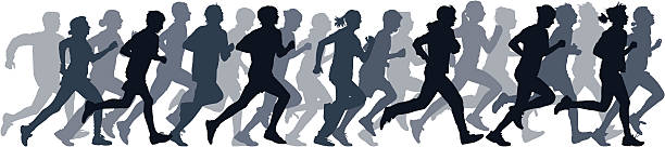 Gray silhouettes of people running Crowd of young people running. run stock illustrations