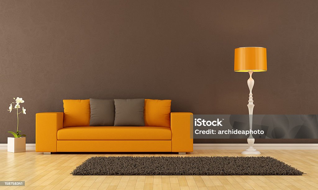 Brown living room Brown living room with orange couch - rendering Living Room Stock Photo