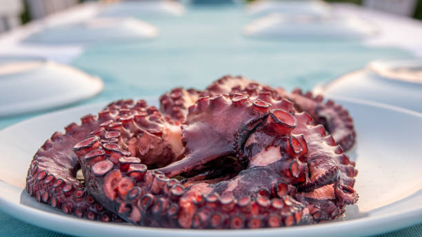 istock boiled Octopus on plate, on restaurant table with sunset view background 1587589006