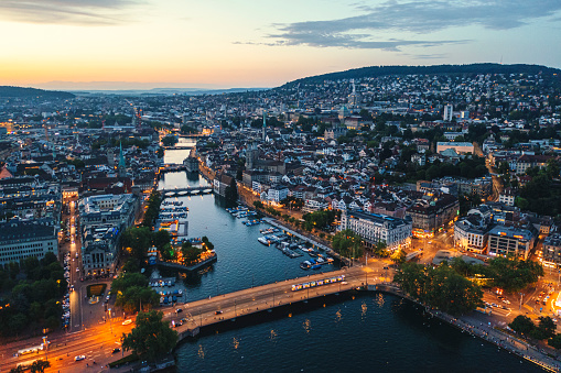 Aerial view of downtown Zurich during sunset, Switzerland