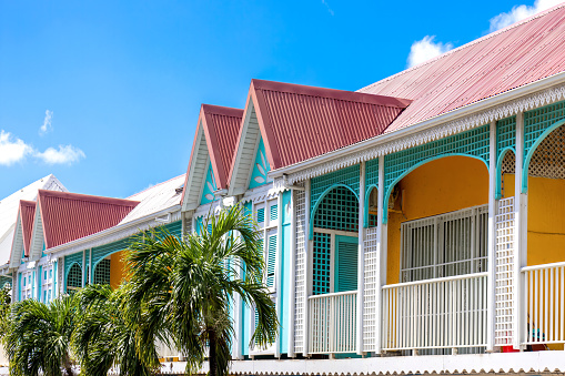 Caribbean cruise vacation. Colonial scenic colorful streets of Marigot in Saint Martin.