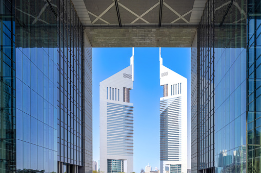 UAE, Dubai downtown financial skyline and business shopping center near Emirate Towers.