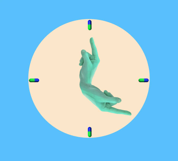 istock yellow clock on blue background with tablets announcing the hours and hands like clock hands 1587605938