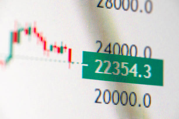 Stock exchange online trading platform chart candlesticks bars, tickers digital data on crypto currency trade financial market platform. Stockmarket graph statistic. Computer screen closeup background