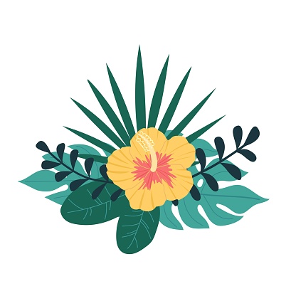 Tropical vector bouquet with leaves and flowers of tropical plants. For postcards, invitation design. Vector illustration